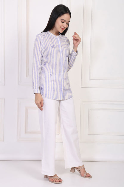 W for Woman White Striped Printed Thread Embroidered Straight Top