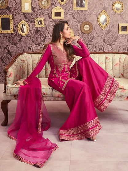 The52 Women's Beautiful Embroidery Work Chanderi Silk Fabric Straight Kurta Palazzo and Dupatta Set-Rani