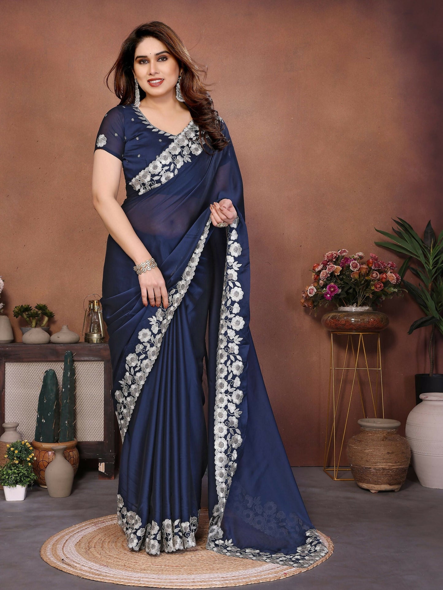 Teeya Creation New Trendy Stylish Party Wear Silk Saree-Dark_Navy_Blue