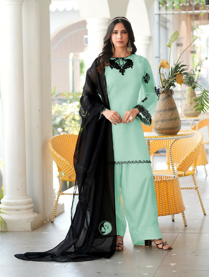 Nikhaar Light Green Embroidered Organza Stitched Straight Cut Kurta Farshi Salwar Dupatta Readymade Suit