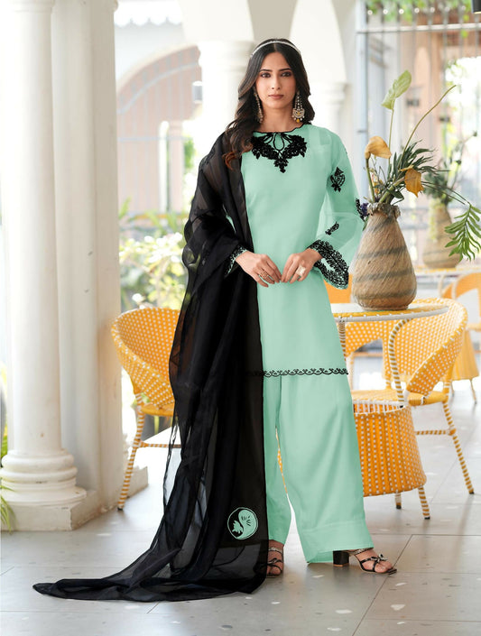 Nikhaar Light Green Embroidered Organza Stitched Straight Cut Kurta Farshi Salwar Dupatta Readymade Suit