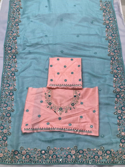 Teeya Creation New Trendy Stylish Wedding Wear Crunchy Silk Saree-Aqua_Blue
