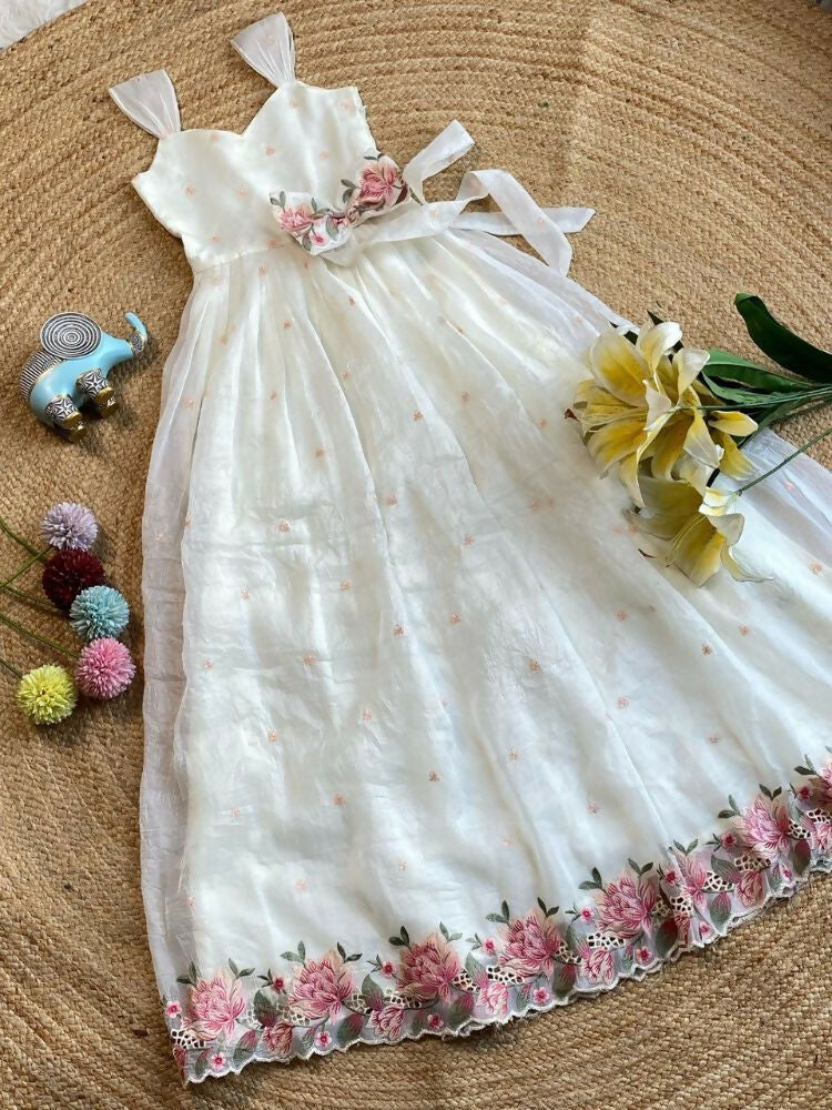 Teeya Creation New Latest Girls Sage Green Crinkled Silk Festive Gown with Handcrafted Bow and Lotus Cutwork Border