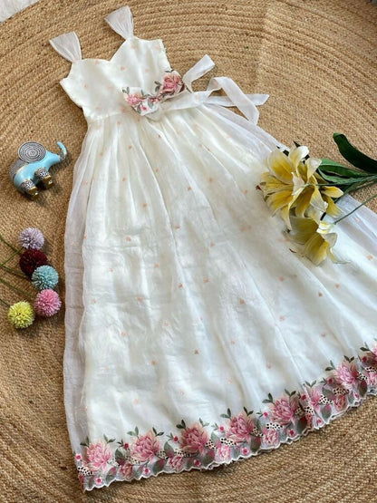 Teeya Creation New Latest Girls Sage Green Crinkled Silk Festive Gown with Handcrafted Bow and Lotus Cutwork Border