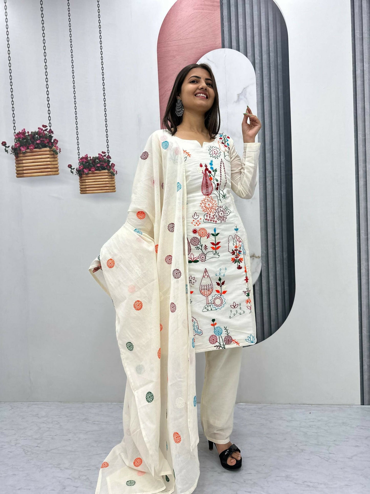 Teeya Creation Womens New Khadi Cotton Heavy Embroidery Thread Work Cream Kurta Set