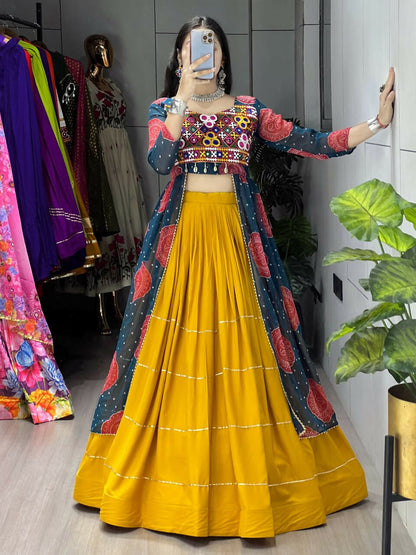 Yash Enterprise Mustard Rama Rayon Cotton Embroidery Semi Stitched Navratri Chaniya Choli