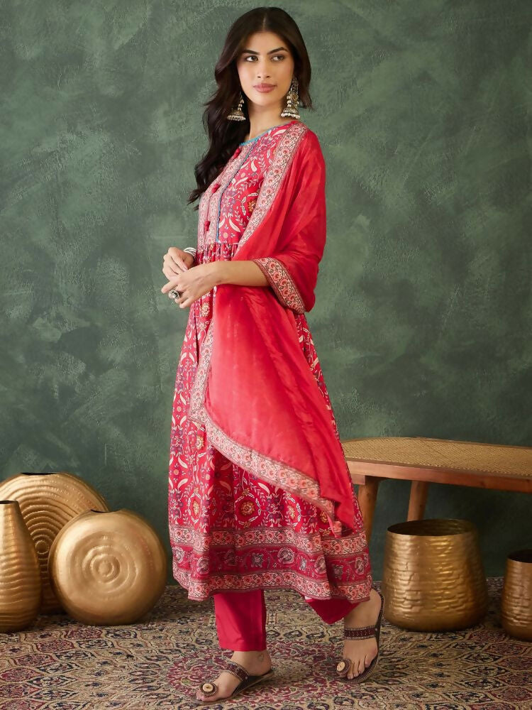 The52 Women's Beautiful Printed Work Rayon Fabric Flared Kurta Pant and Dupatta Set