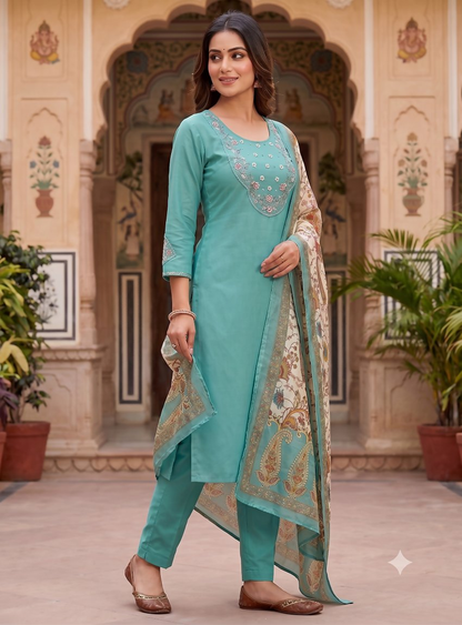 Teeya Creation Women Sky Green Embroidered Kurta Set With Dupatta
