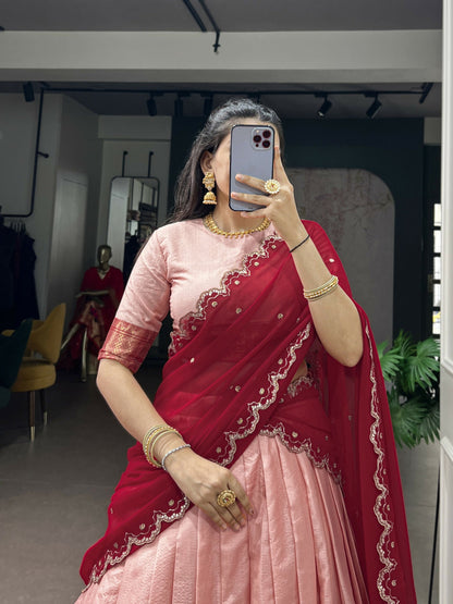 Lorenvalley Fashion Peach Cotton Silk Zari Weaving Work Lehenga Choli with Dupatta