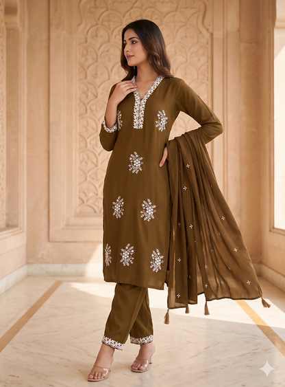 Teeya Creation Vibrant Gold Embroidered Kurti with Pant and Dupatta Set