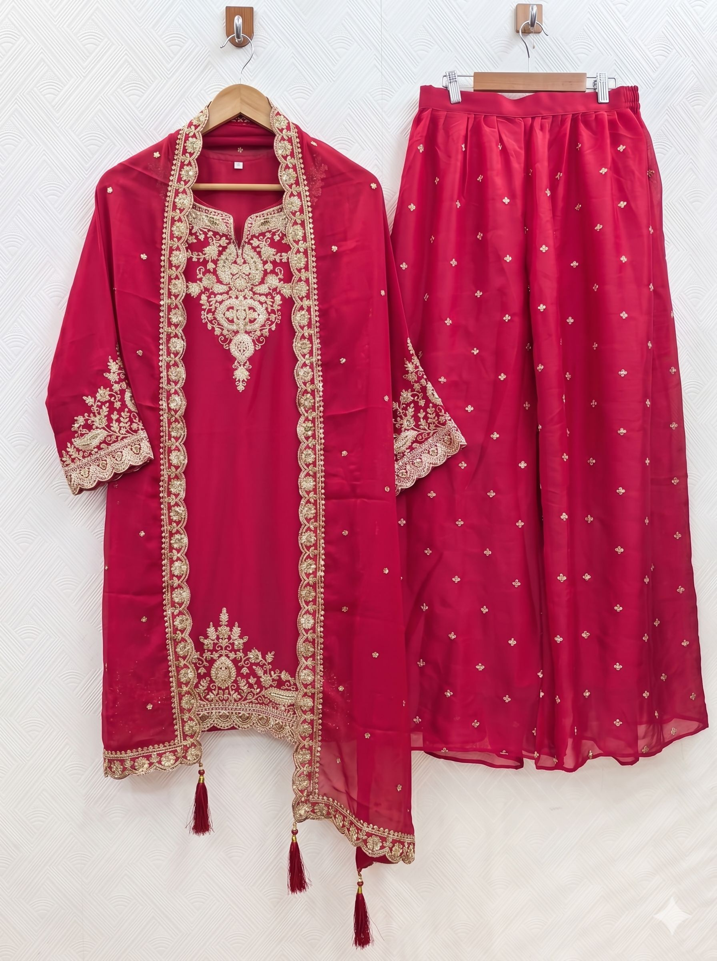 Teeya Creation Womens New Stylish Silk Embroidered Red Sharara Suit With Golden Zari Work And Lace Border Dupatta
