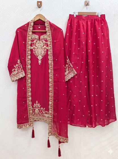 Teeya Creation Womens New Stylish Silk Embroidered Red Sharara Suit With Golden Zari Work And Lace Border Dupatta