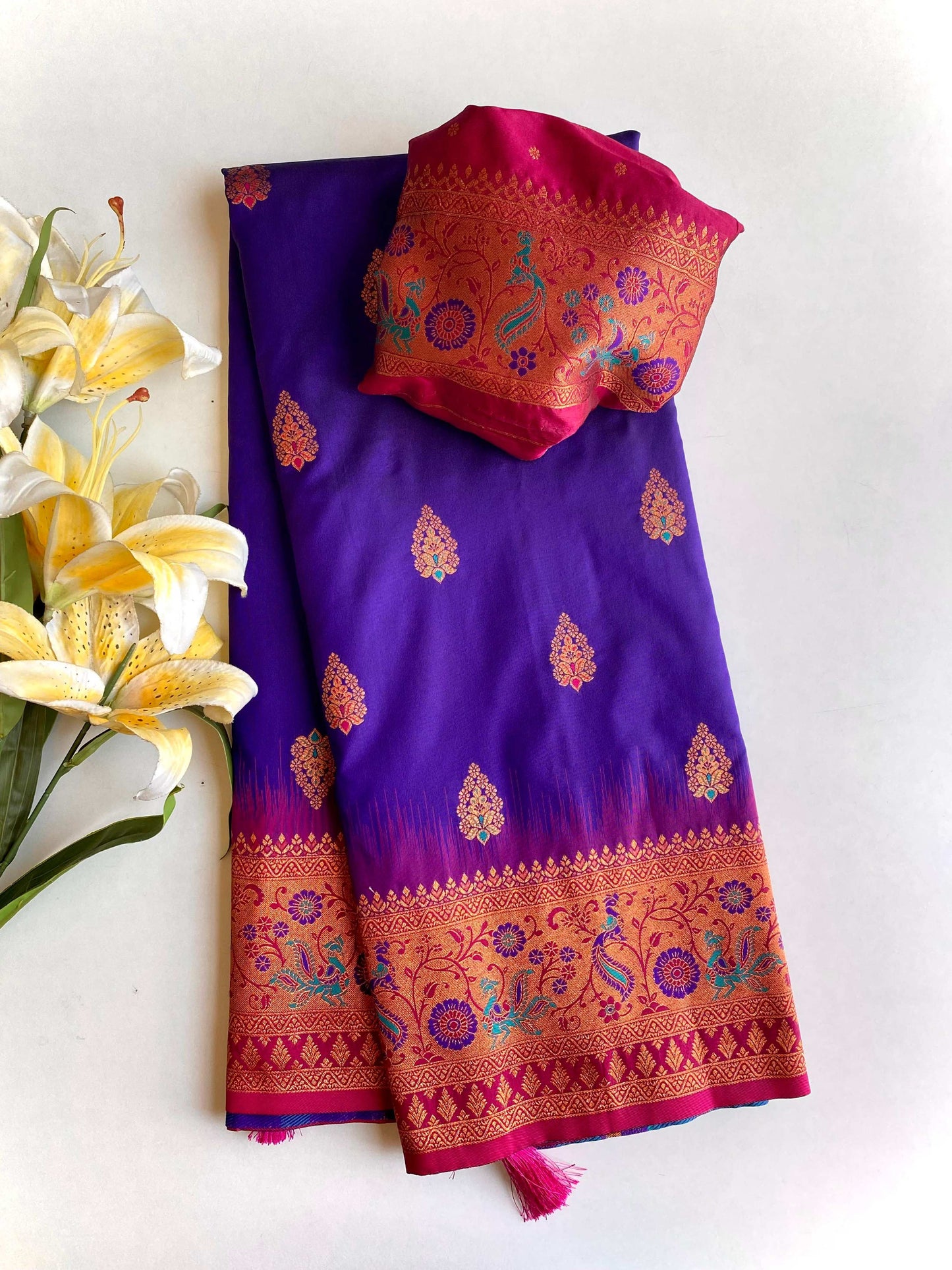 Mameraa Sarees Soft Silk Blend Blend Saree With Zari Weaving Meenakari Design-Violet