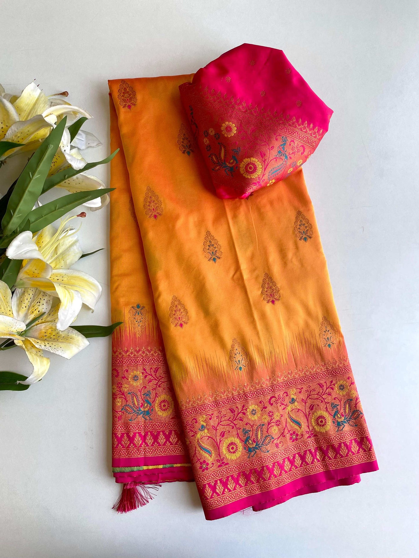 Mameraa Sarees Soft Silk Blend Blend Saree With Zari Weaving Meenakari Design-Yellow