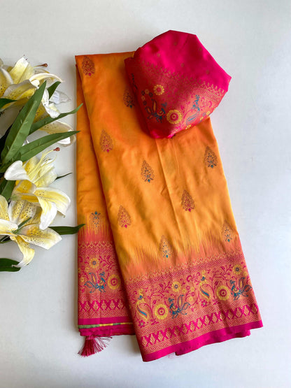 Mameraa Sarees Soft Silk Blend Blend Saree With Zari Weaving Meenakari Design-Yellow