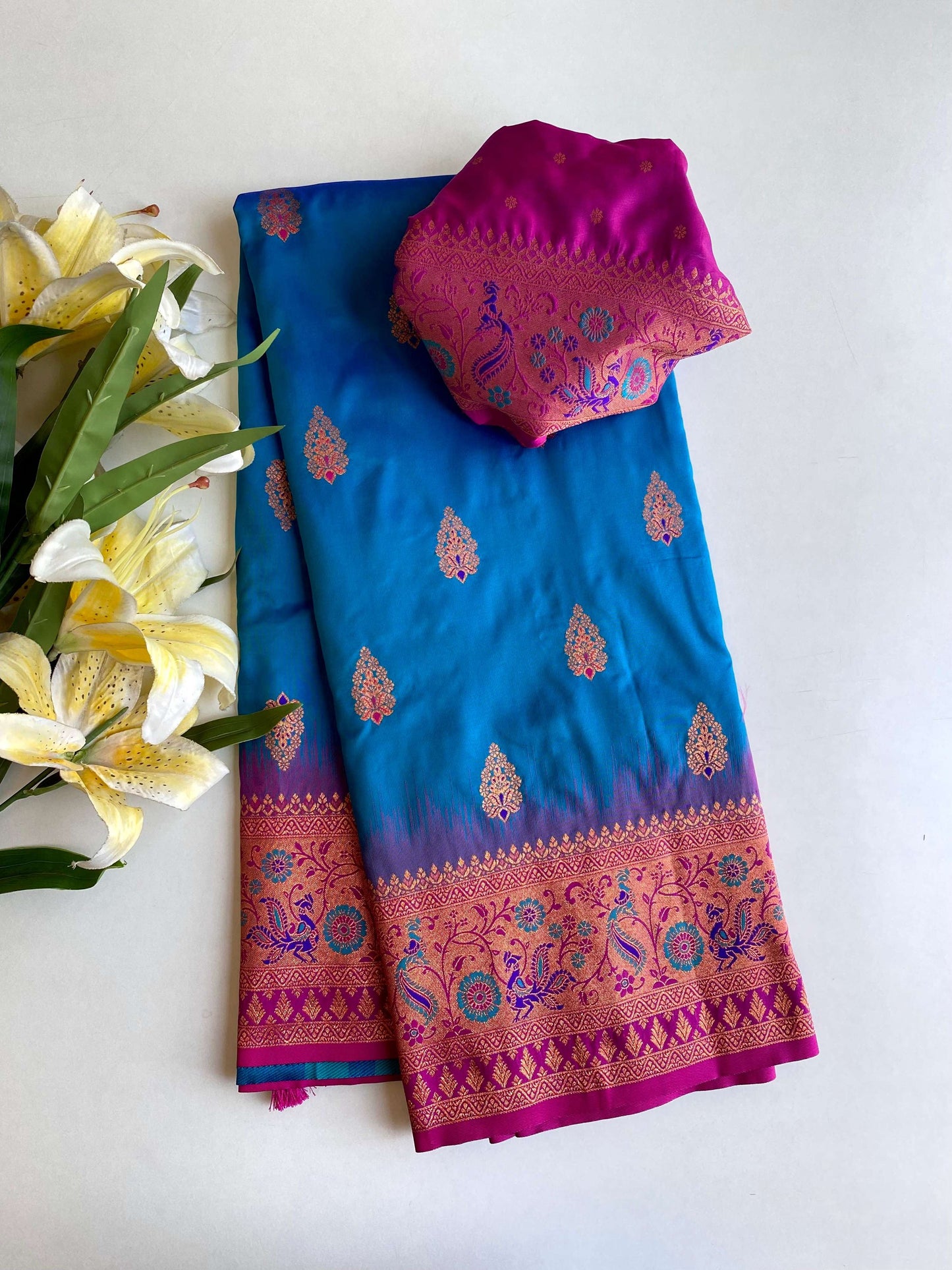 Mameraa Sarees Soft Silk Blend Blend Saree With Zari Weaving Meenakari Design-Teal Blue