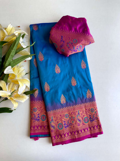 Mameraa Sarees Soft Silk Blend Blend Saree With Zari Weaving Meenakari Design-Teal Blue