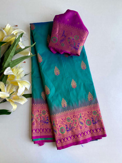 Mameraa Sarees Soft Silk Blend Blend Saree With Zari Weaving Meenakari Design-Rama Green