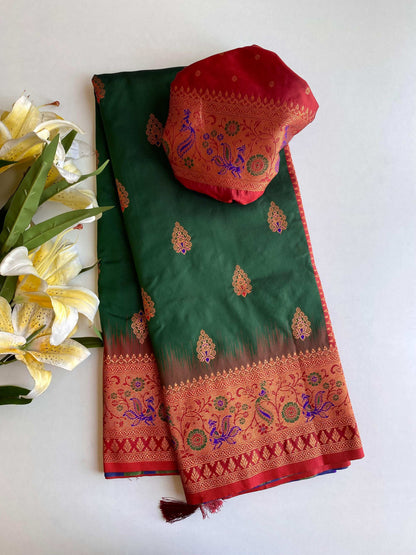 Mameraa Sarees Soft Silk Blend Blend Saree With Zari Weaving Meenakari Design-Green