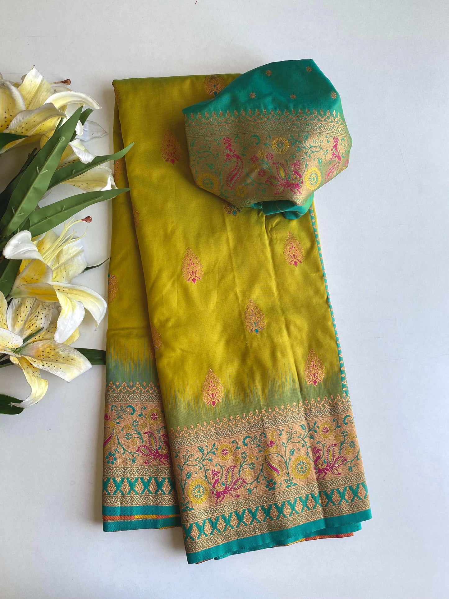 Mameraa Sarees Soft Silk Blend Blend Saree With Zari Weaving Meenakari Design-Lemon Yellow