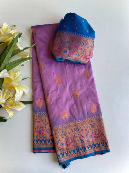 Mameraa Sarees Soft Silk Blend Blend Saree With Zari Weaving Meenakari Design-Lovender