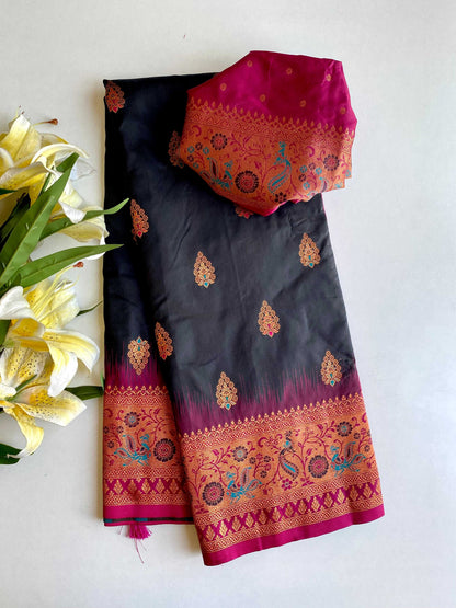 Mameraa Sarees Soft Silk Blend Blend Saree With Zari Weaving Meenakari Design-Black