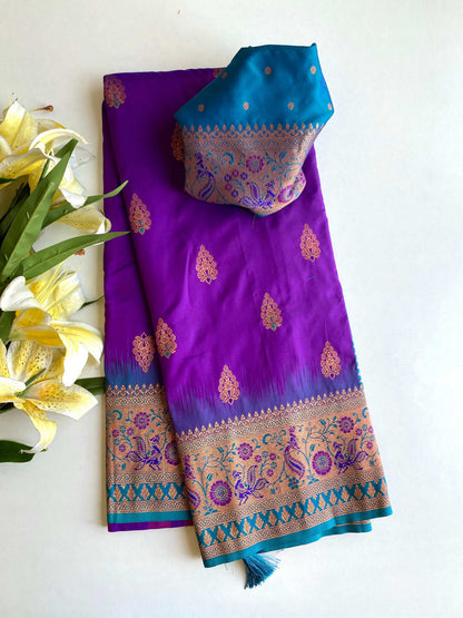 Mameraa Sarees Soft Silk Blend Blend Saree With Zari Weaving Meenakari Design-Purple