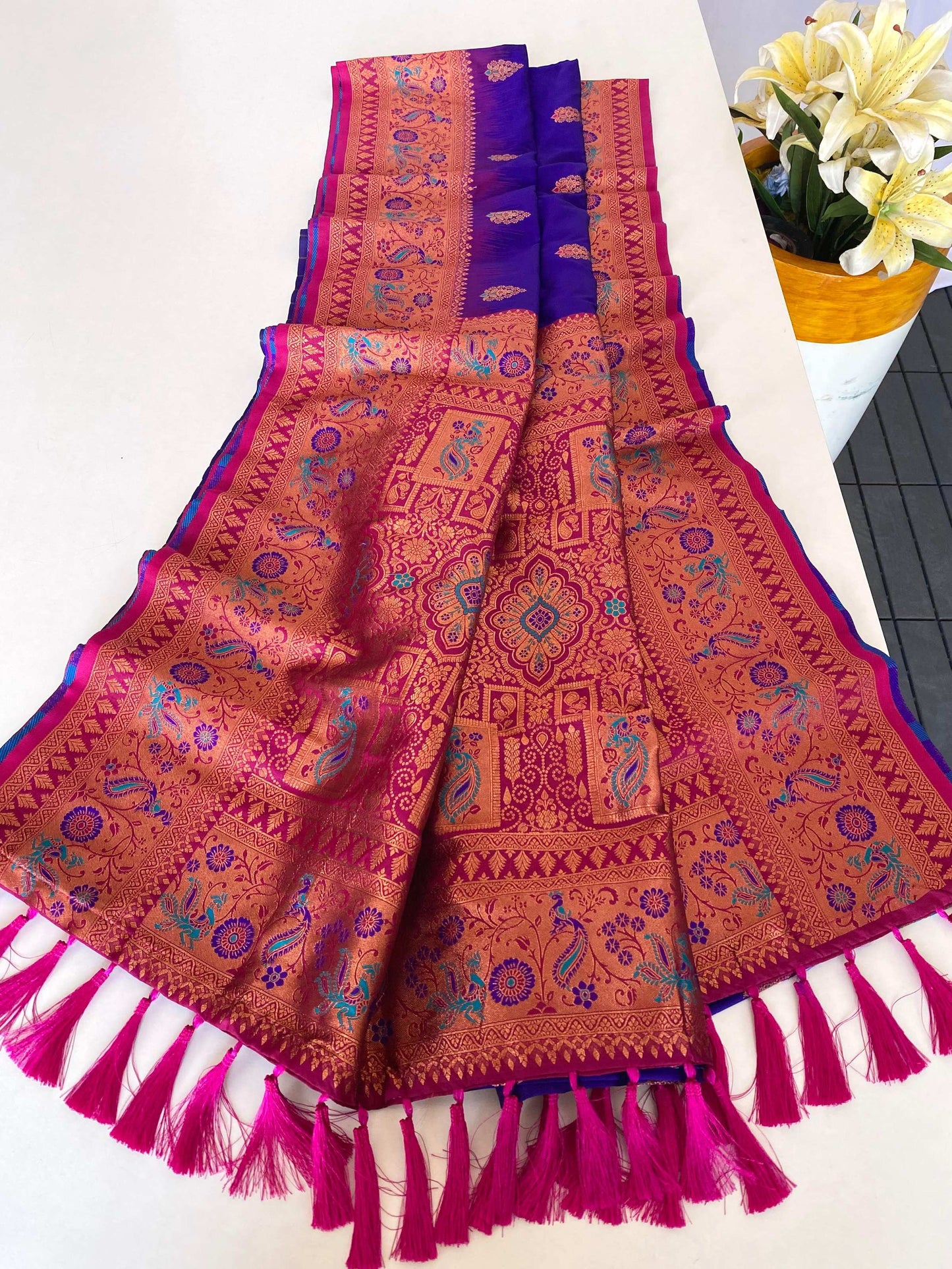 Mameraa Sarees Soft Silk Blend Blend Saree With Zari Weaving Meenakari Design-Violet