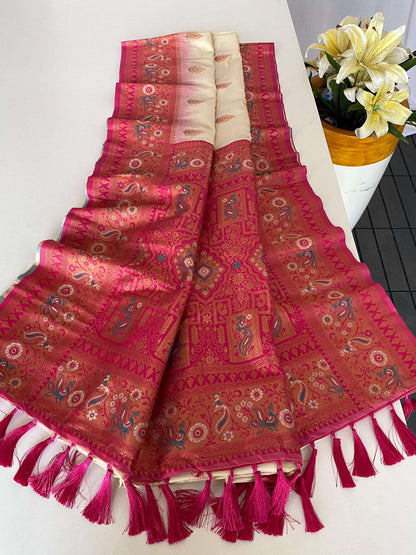 Mameraa Sarees Soft Silk Blend Blend Saree With Zari Weaving Meenakari Design-White