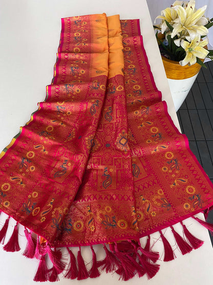 Mameraa Sarees Soft Silk Blend Blend Saree With Zari Weaving Meenakari Design-Yellow