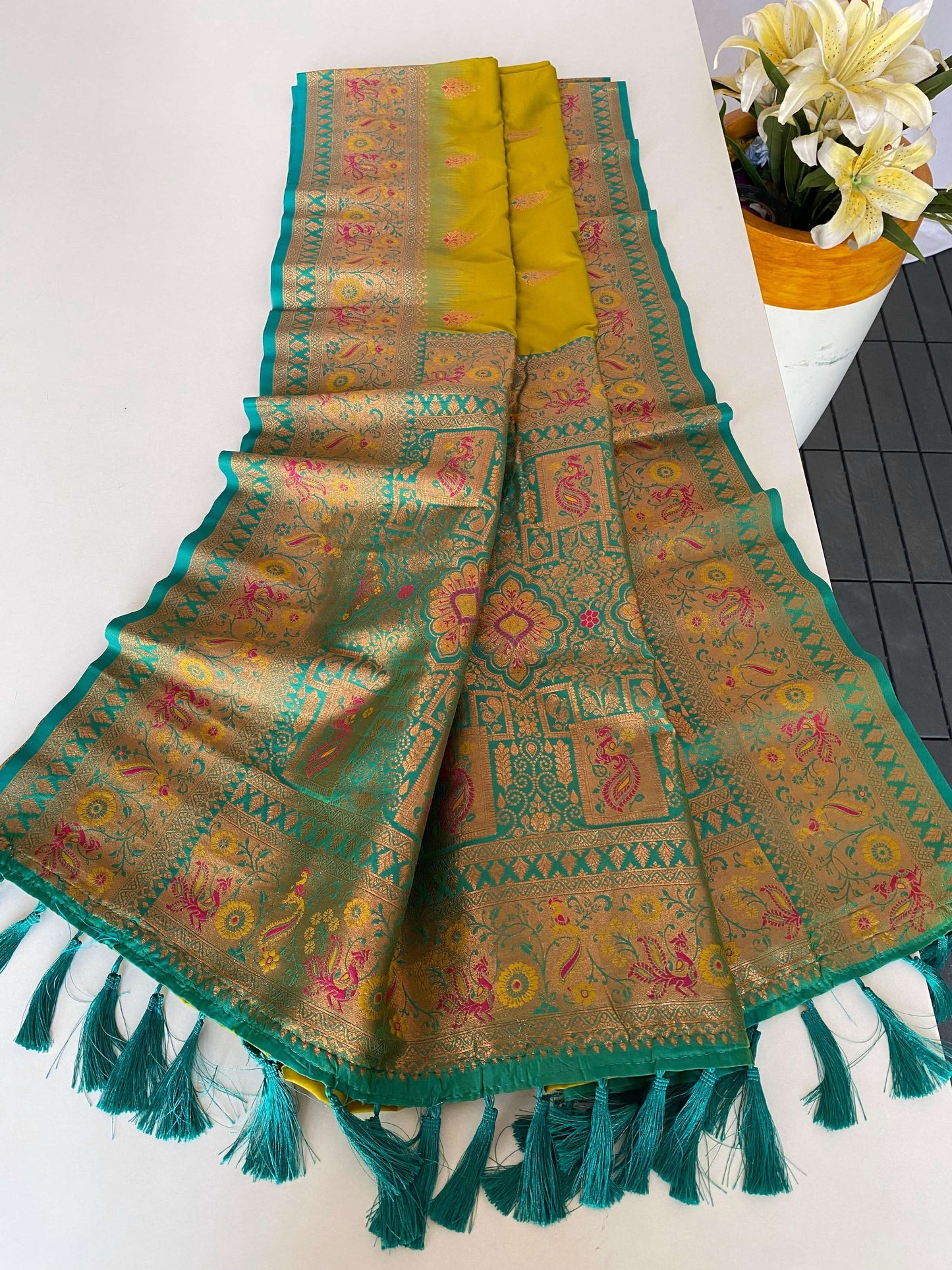 Mameraa Sarees Soft Silk Blend Blend Saree With Zari Weaving Meenakari Design-Lemon Yellow