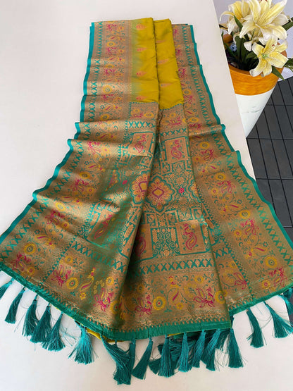 Mameraa Sarees Soft Silk Blend Blend Saree With Zari Weaving Meenakari Design-Lemon Yellow