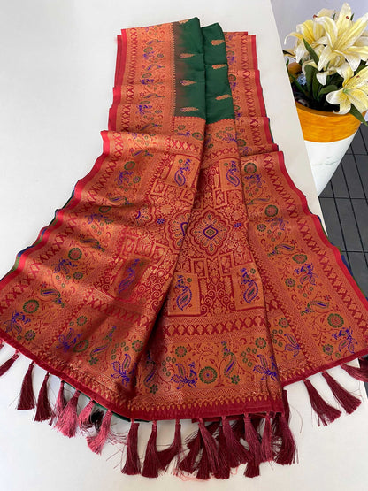 Mameraa Sarees Soft Silk Blend Blend Saree With Zari Weaving Meenakari Design-Green