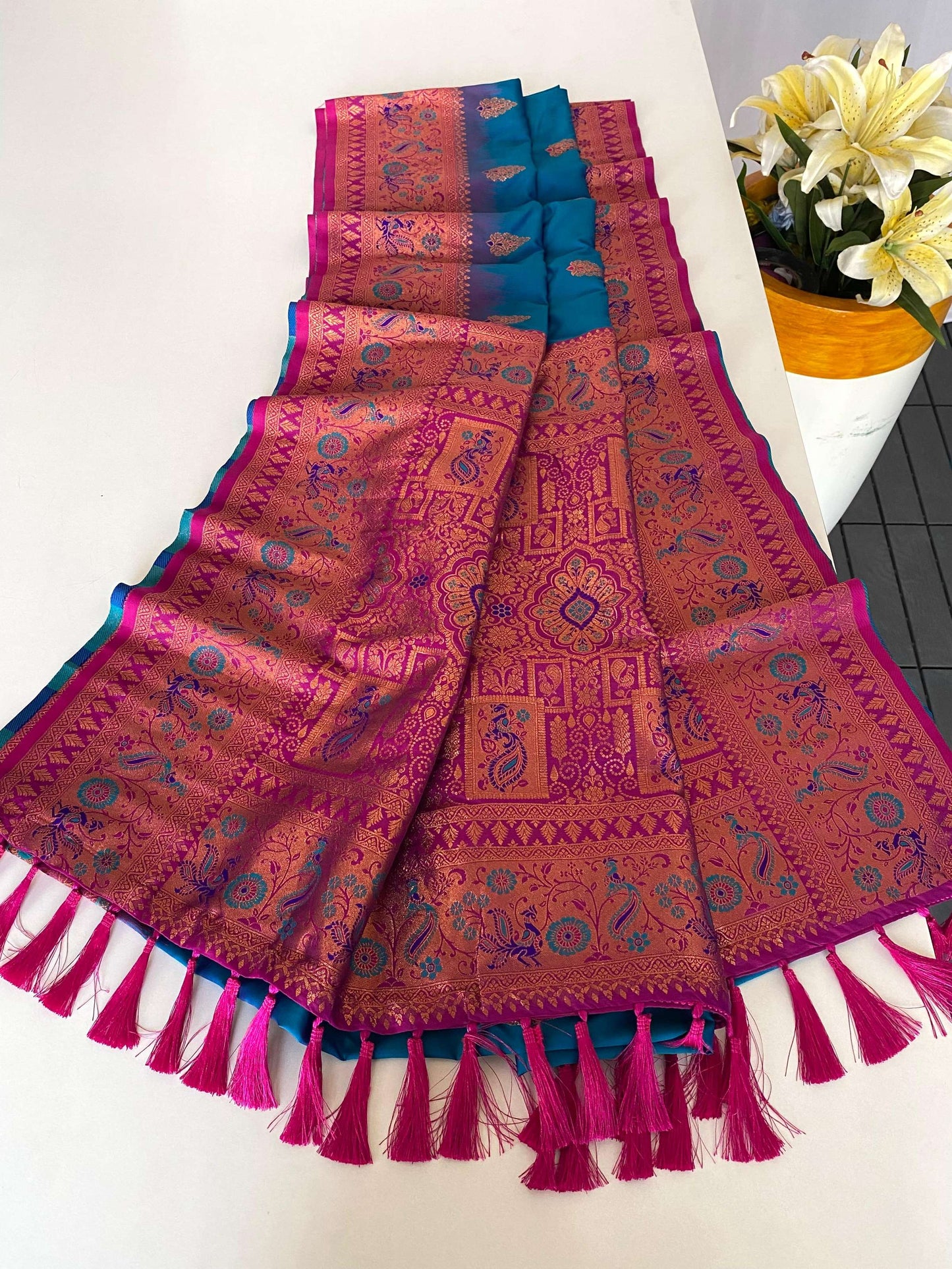 Mameraa Sarees Soft Silk Blend Blend Saree With Zari Weaving Meenakari Design-Teal Blue