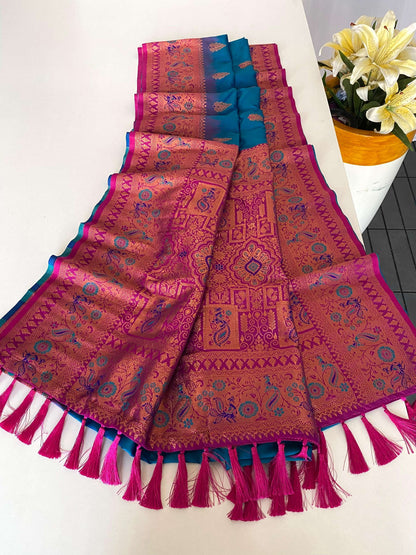 Mameraa Sarees Soft Silk Blend Blend Saree With Zari Weaving Meenakari Design-Teal Blue