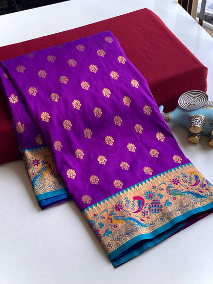 Mameraa Sarees Paithani Silk Blend Weaving Saree With Contrast Blouse-Whine