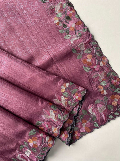 Mameraa Sarees Onion Pink Tussar Saree With Contrast Embroidery With Running Blouse-Onion_Pink