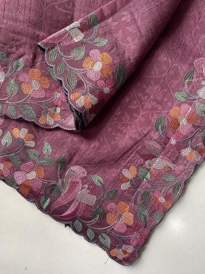 Mameraa Sarees Onion Pink Tussar Saree With Contrast Embroidery With Running Blouse-Onion_Pink
