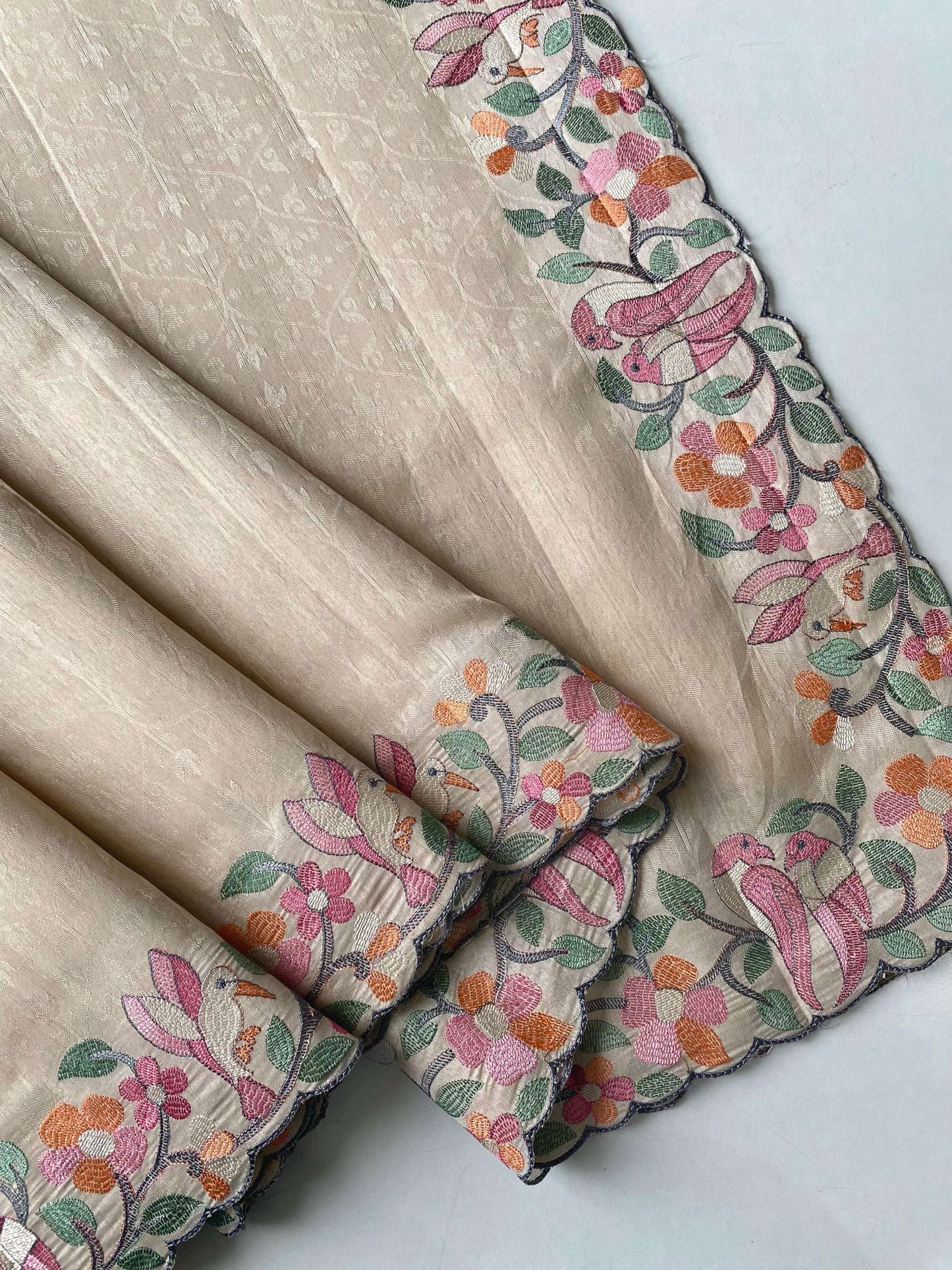 Mameraa Sarees Cream Tussar Saree With Contrast Embroidery With Running Blouse-Cream