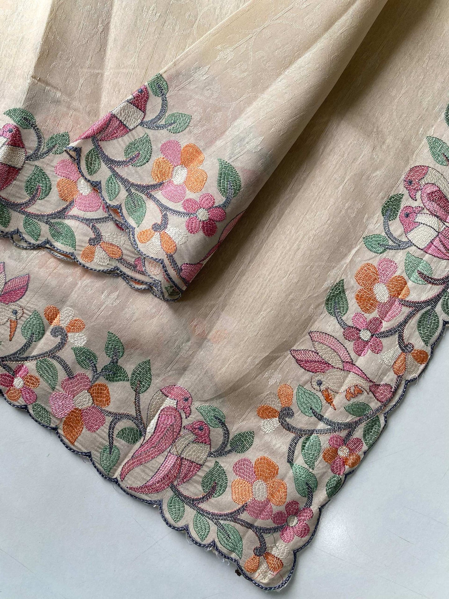 Mameraa Sarees Cream Tussar Saree With Contrast Embroidery With Running Blouse-Cream