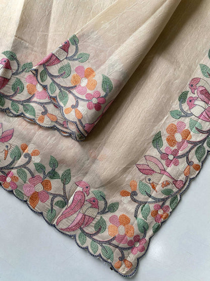 Mameraa Sarees Cream Tussar Saree With Contrast Embroidery With Running Blouse-Cream