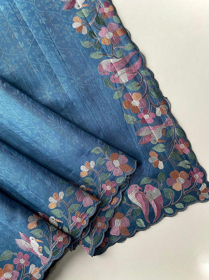 Mameraa Sarees Teal Tussar Saree With Contrast Embroidery With Running Blouse-Teal