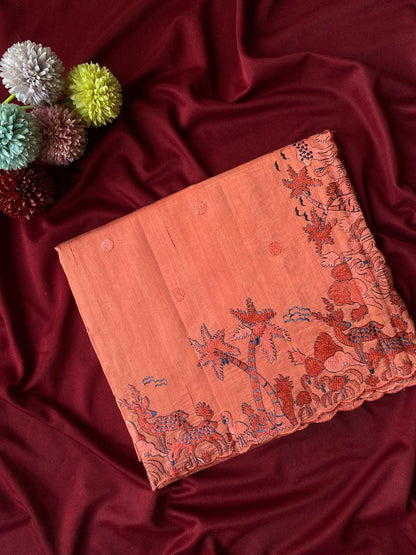 Mameraa Sarees Orange Matka Silk Saree With Heavy Floral Embroidery Border With Running Blouse-Orange