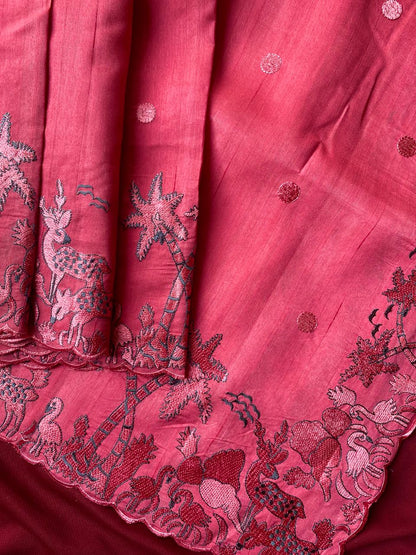 Mameraa Sarees Pink Matka Silk Saree With Heavy Floral Embroidery Border With Running Blouse-Pink