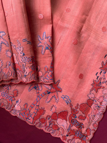Mameraa Sarees Orange Matka Silk Saree With Heavy Floral Embroidery Border With Running Blouse-Orange