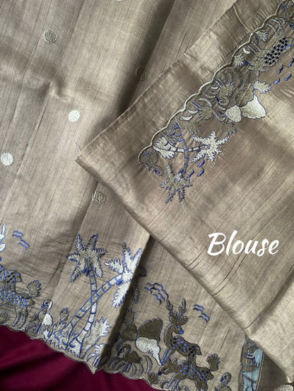 Mameraa Sarees Grey Matka Silk Saree With Heavy Floral Embroidery Border With Running Blouse-Grey