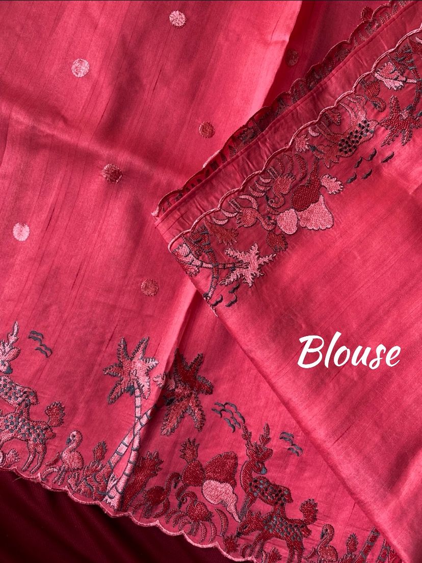 Mameraa Sarees Pink Matka Silk Saree With Heavy Floral Embroidery Border With Running Blouse-Pink