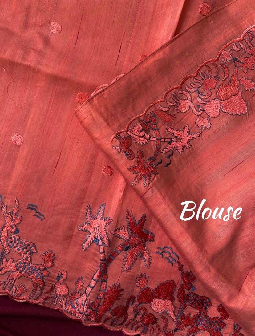 Mameraa Sarees Orange Matka Silk Saree With Heavy Floral Embroidery Border With Running Blouse-Orange