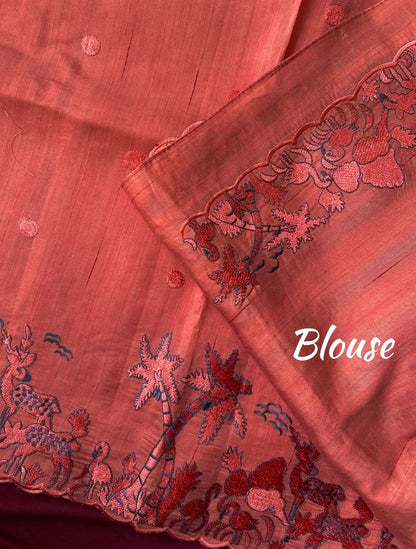 Mameraa Sarees Orange Matka Silk Saree With Heavy Floral Embroidery Border With Running Blouse-Orange