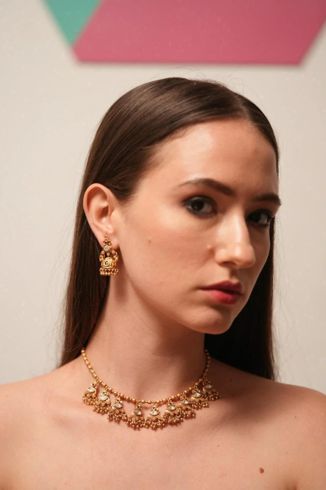 Ambika Single Line Gold Necklace Set | Sone pe Suhaga Collection
